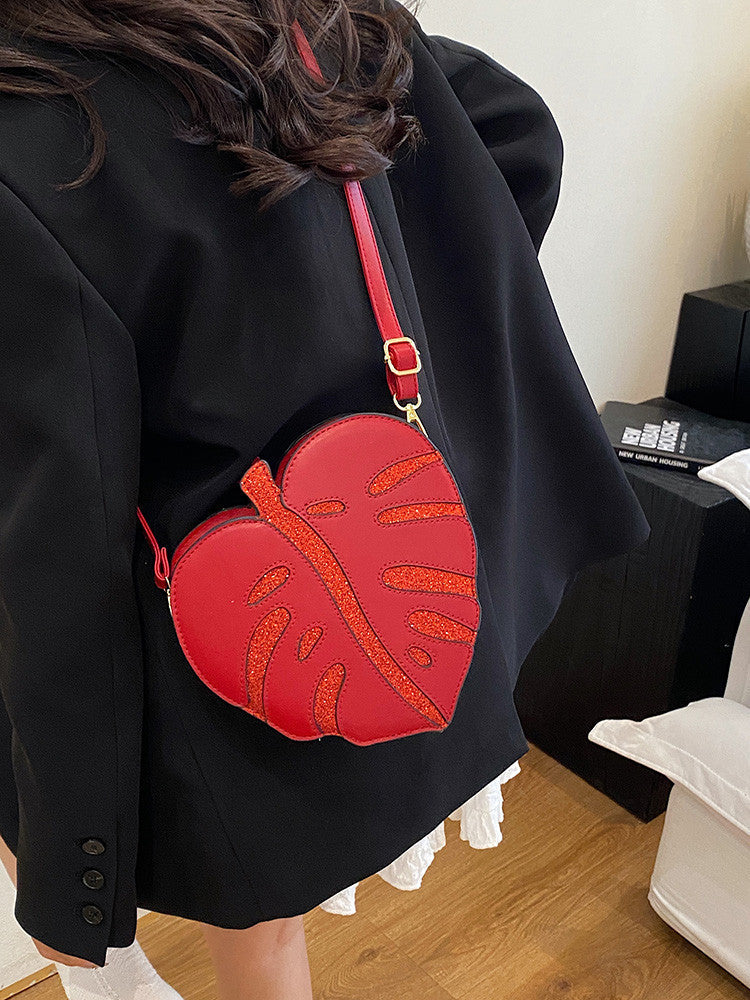 Leaf-Shaped Crossbody Bag, Novelty Plant Sling Purse, Glitter Accent Shoulder Bag for Women & Teens