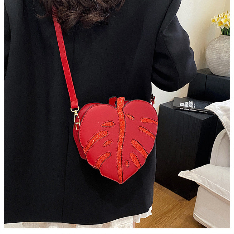Leaf-Shaped Crossbody Bag, Novelty Plant Sling Purse, Glitter Accent Shoulder Bag for Women & Teens