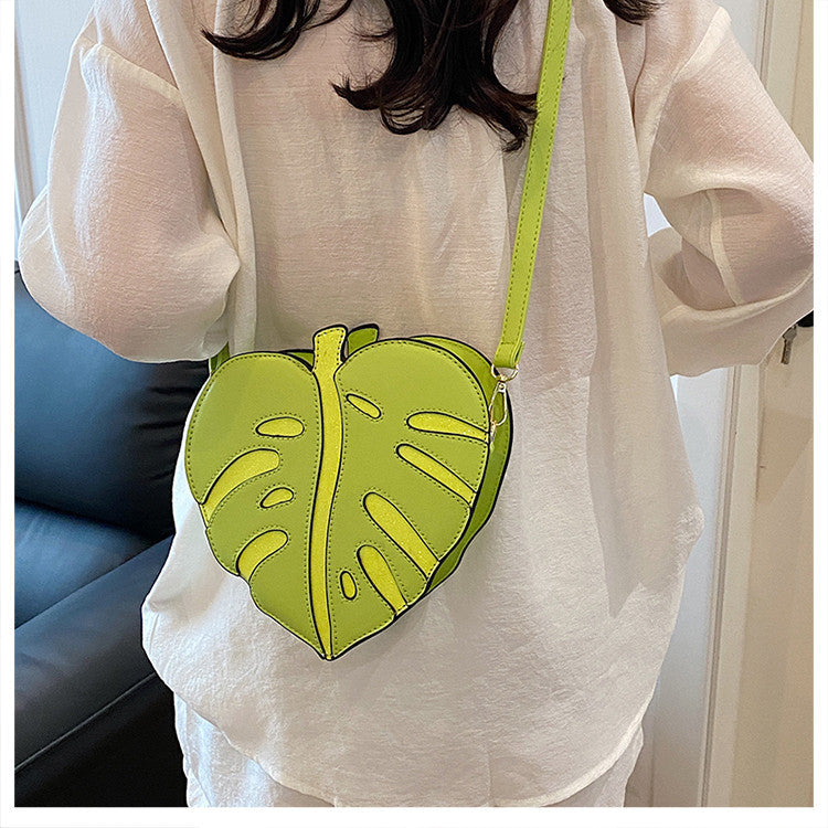 Leaf-Shaped Crossbody Bag, Novelty Plant Sling Purse, Glitter Accent Shoulder Bag for Women & Teens