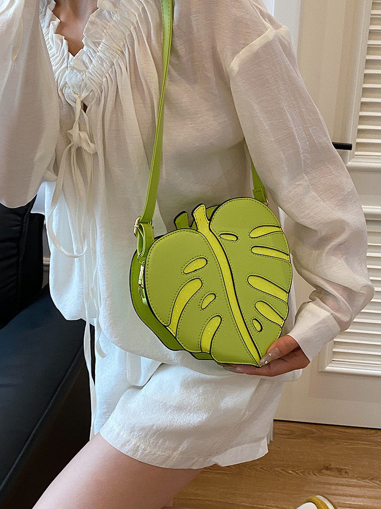 Leaf-Shaped Crossbody Bag, Novelty Plant Sling Purse, Glitter Accent Shoulder Bag for Women & Teens