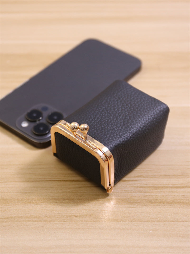 Mini Kiss-Lock Leather Lipstick Case with Built-in Mirror,Leather Coin Purse, Jewelry Box