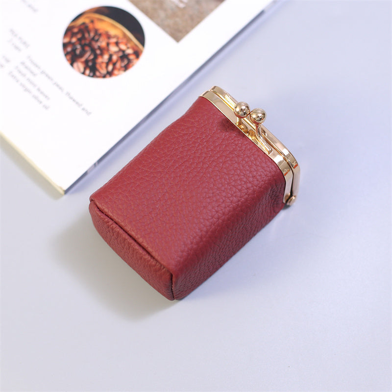 Mini Kiss-Lock Leather Lipstick Case with Built-in Mirror,Leather Coin Purse, Jewelry Box