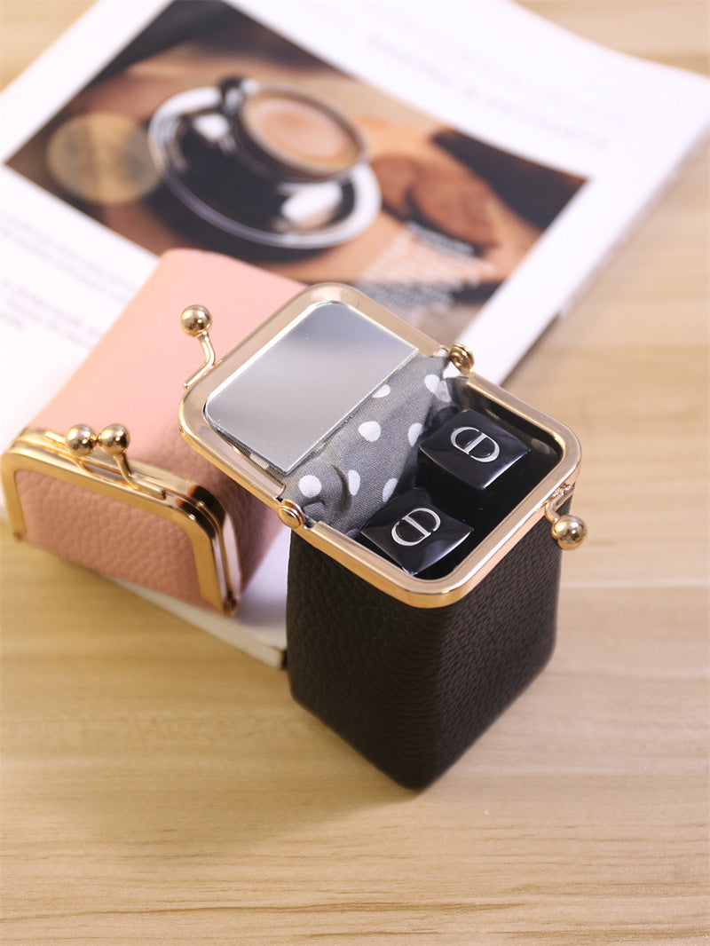 Mini Kiss-Lock Leather Lipstick Case with Built-in Mirror,Leather Coin Purse, Jewelry Box