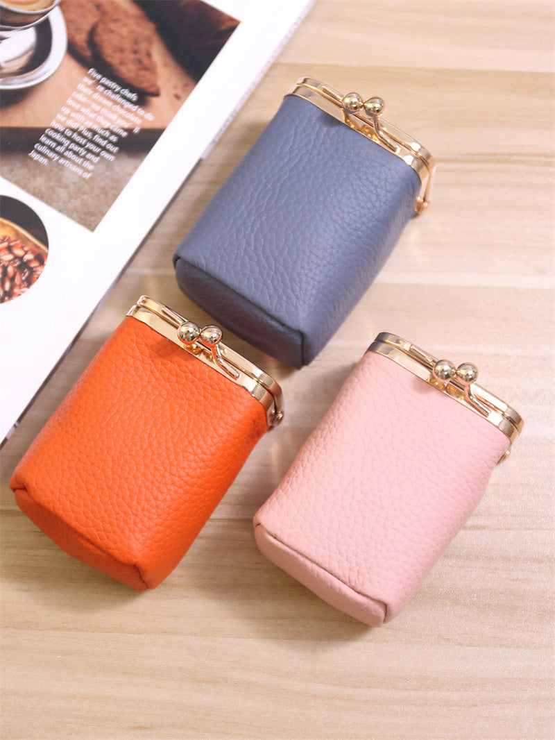 Mini Kiss-Lock Leather Lipstick Case with Built-in Mirror,Leather Coin Purse, Jewelry Box