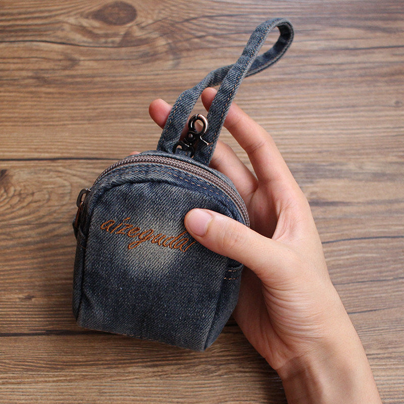 Miniature Denim Backpack Coin Purse & Earbud Case – Vintage Jewelry & AirPod Organizer for Bags with Keychain Pouch