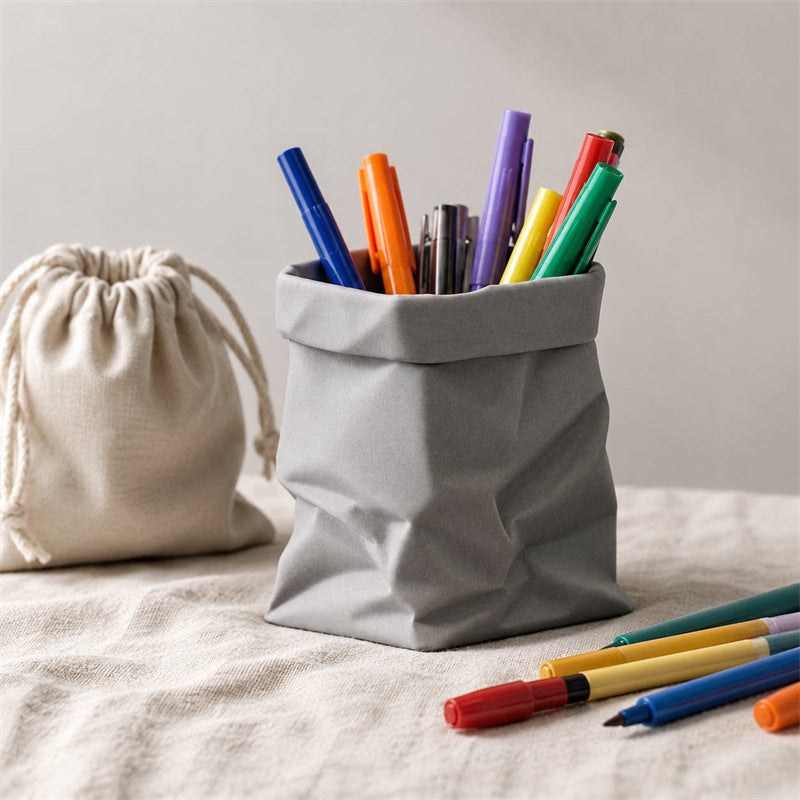 Minimalist Crumpled Paper Bag Cement Pen Holder - Aesthetic Concrete-Look Makeup Brush Holder Container Desk Organizer