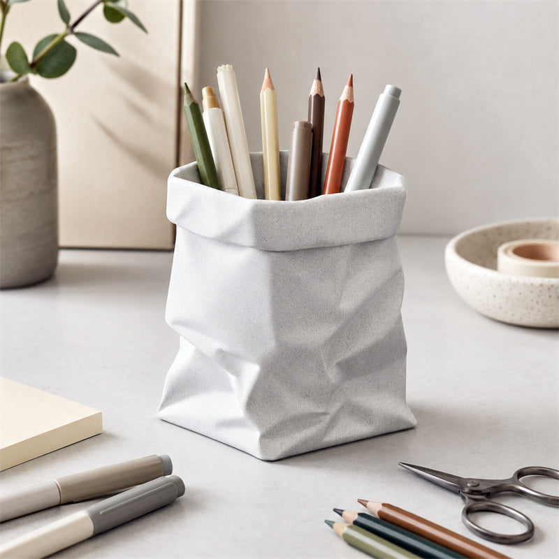 Minimalist Crumpled Paper Bag Cement Pen Holder - Aesthetic Concrete-Look Makeup Brush Holder Container Desk Organizer