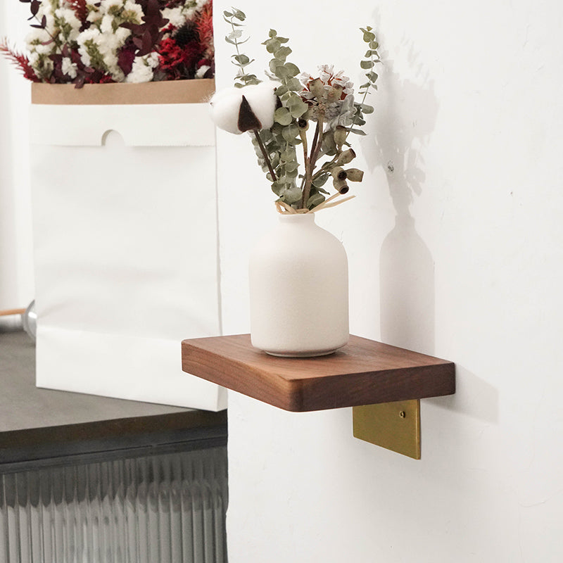 Modern Wooden Floating Shelf with Brass Bracket, Wall - Mounted Display Shelf