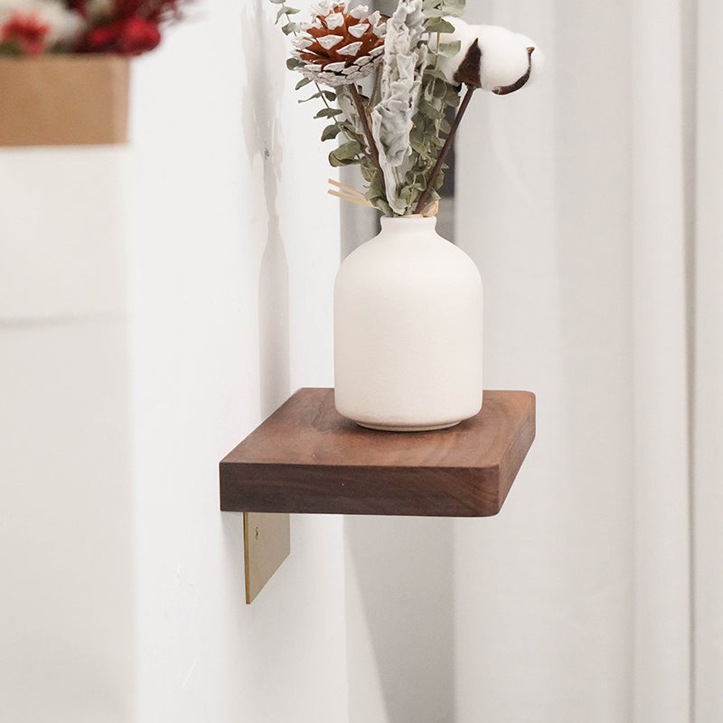 Modern Wooden Floating Shelf with Brass Bracket, Wall - Mounted Display Shelf