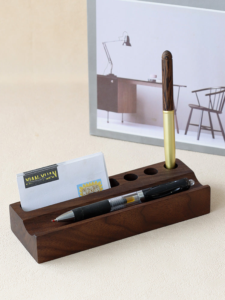 Wooden Desk Organizer with Pen Holders and Card Slot, Multi - Compartment Desktop Storage