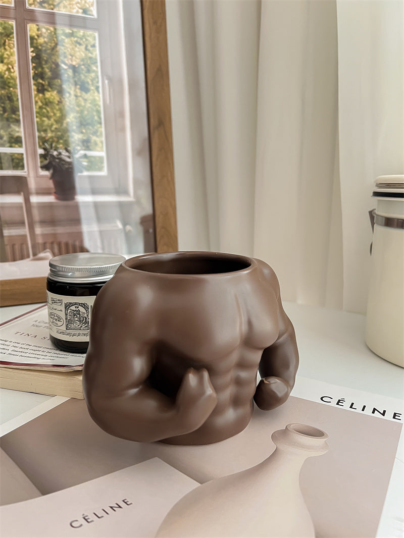Muscular Dog & Human - Shaped Ceramic Mugs/Pen Holders, Novelty Desk Organizers
