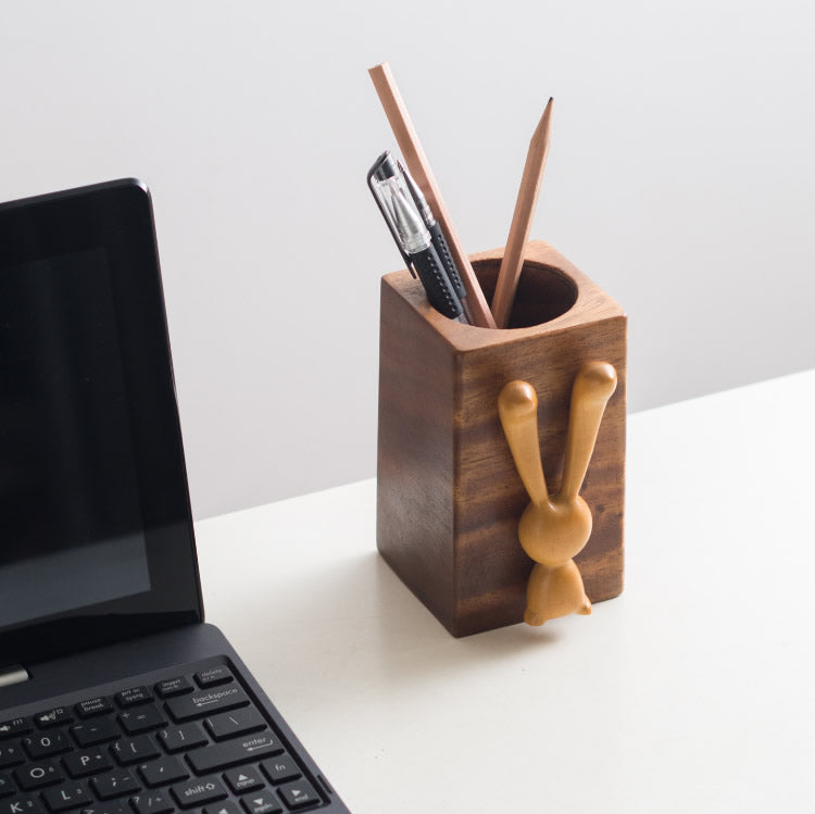 Nordic Wooden Bunny Pen Holder,Whimsical Aesthetic Makeup Brush Holder for Office & Vanity Decor