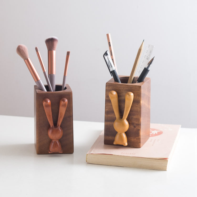 Nordic Wooden Bunny Pen Holder,Whimsical Aesthetic Makeup Brush Holder for Office & Vanity Decor