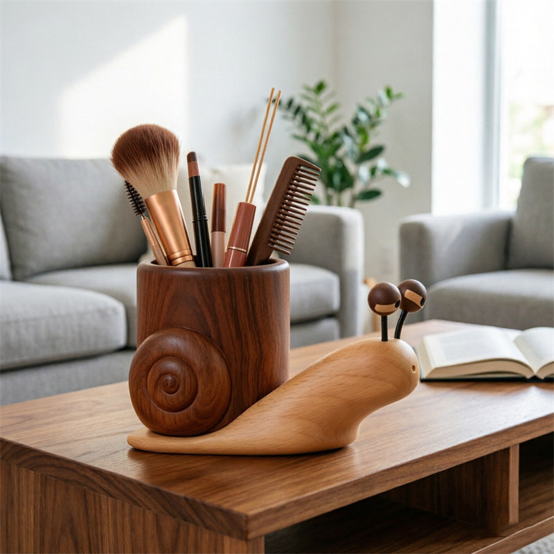 Nordic Wooden Snail Pen Holder & Makeup Brush Organizer - Cute Animal Vanity Brush Storage Holder Container Decor Gift