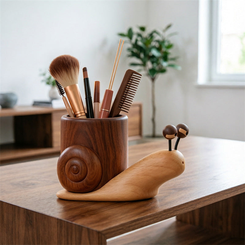 Nordic Wooden Snail Pen Holder & Makeup Brush Organizer - Cute Animal Vanity Brush Storage Holder Container Decor Gift