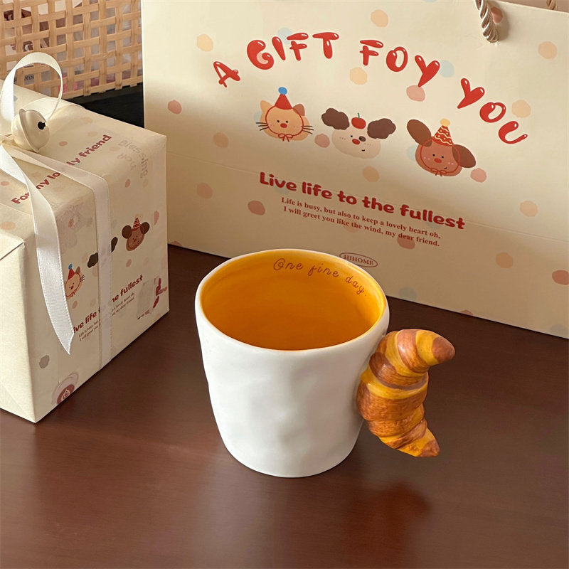 Novelty Bread Handle Ceramic Mug, Croissant & Donut Shaped Handle Coffee Cup, Breakfast-Themed Milk Tea Mug