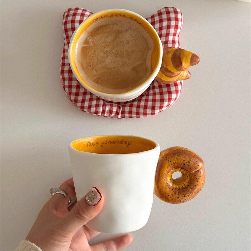 Novelty Bread Handle Ceramic Mug, Croissant & Donut Shaped Handle Coffee Cup, Breakfast-Themed Milk Tea Mug