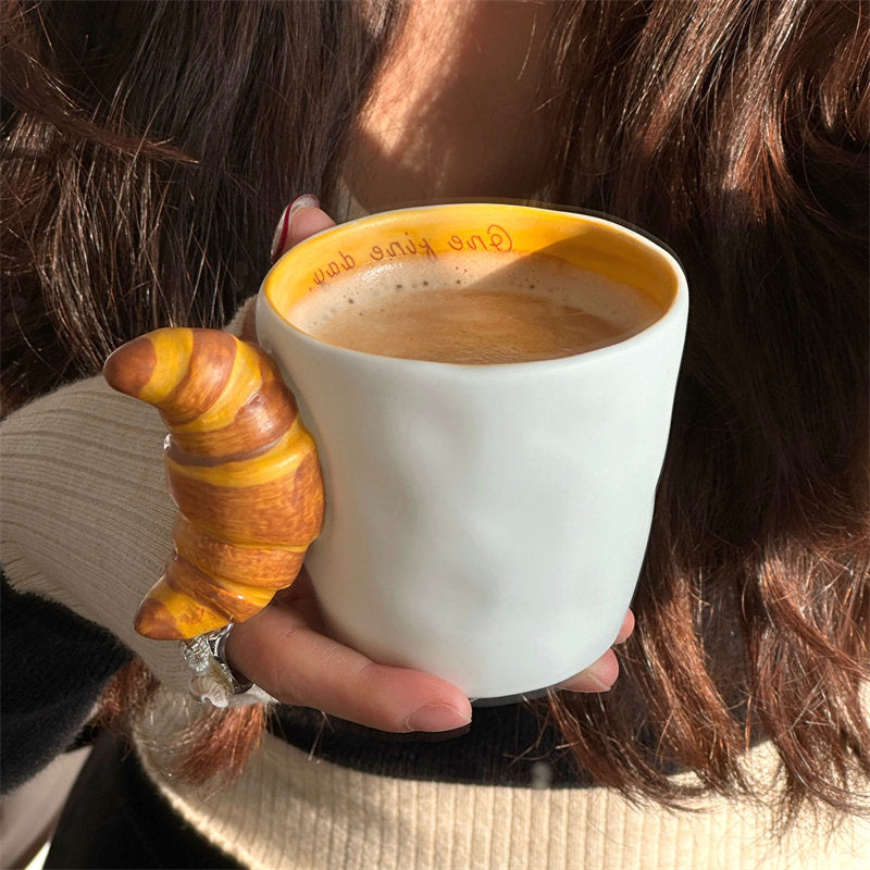 Novelty Bread Handle Ceramic Mug, Croissant & Donut Shaped Handle Coffee Cup, Breakfast-Themed Milk Tea Mug