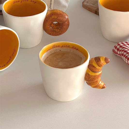 Novelty Bread Handle Ceramic Mug, Croissant & Donut Shaped Handle Coffee Cup, Breakfast-Themed Milk Tea Mug