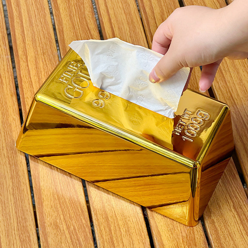 Novelty Gold Bullion Bar Tissue Box Cover,  Creative Lucky Ingot Tissue Holder for Home & Bar Decor