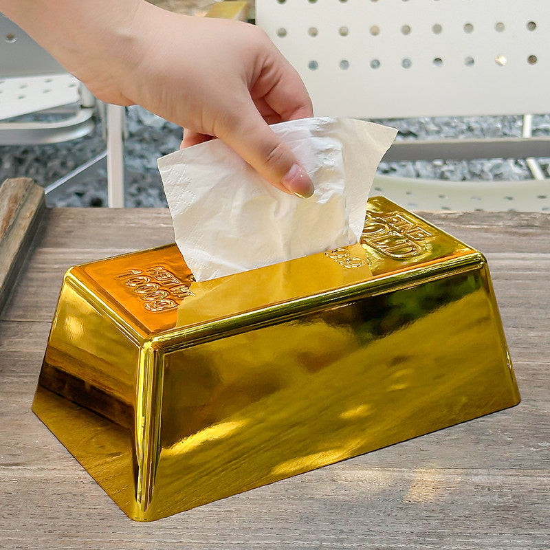 Novelty Gold Bullion Bar Tissue Box Cover,  Creative Lucky Ingot Tissue Holder for Home & Bar Decor