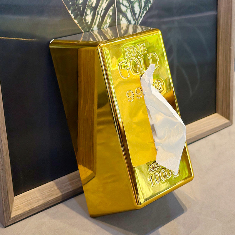 Novelty Gold Bullion Bar Tissue Box Cover,  Creative Lucky Ingot Tissue Holder for Home & Bar Decor