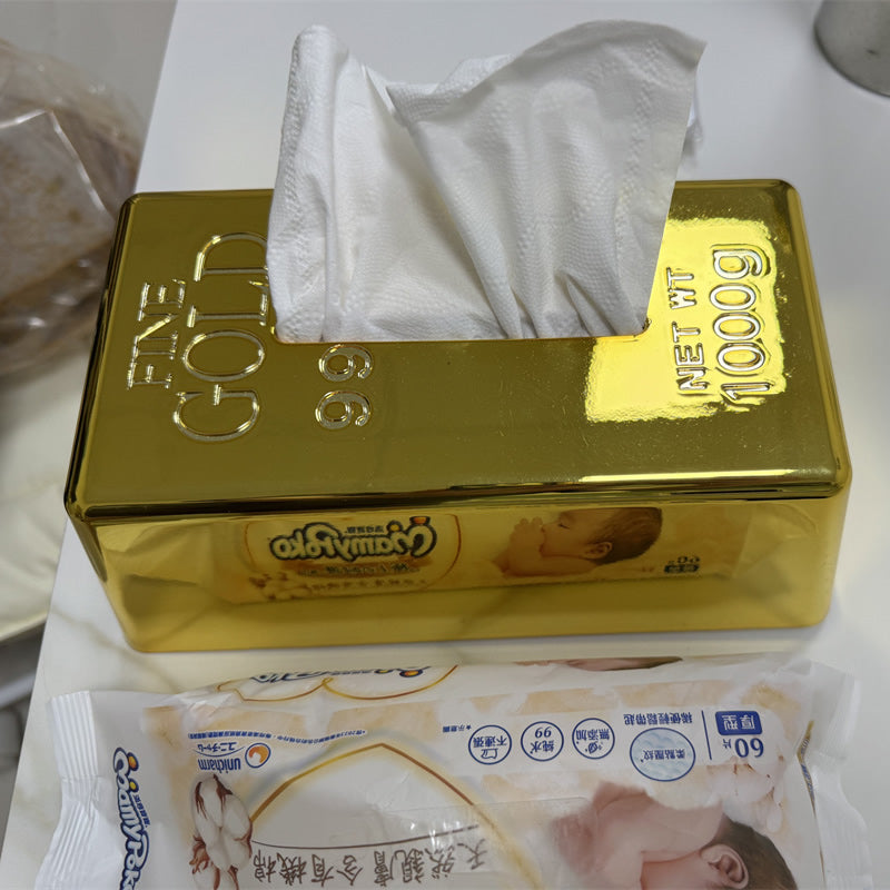 Novelty Gold Bullion Bar Tissue Box Cover,  Creative Lucky Ingot Tissue Holder for Home & Bar Decor
