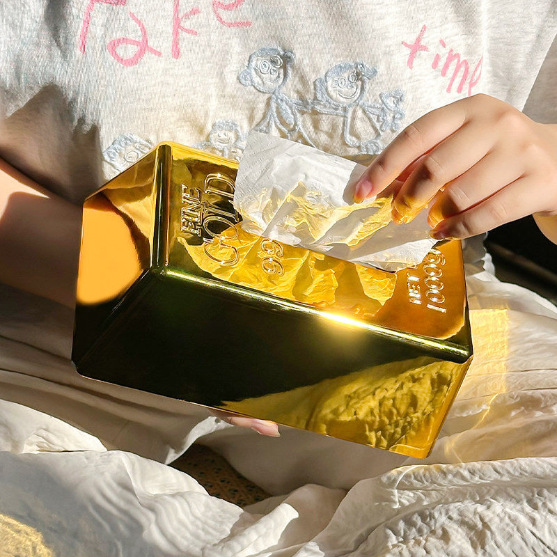 Novelty Gold Bullion Bar Tissue Box Cover,  Creative Lucky Ingot Tissue Holder for Home & Bar Decor