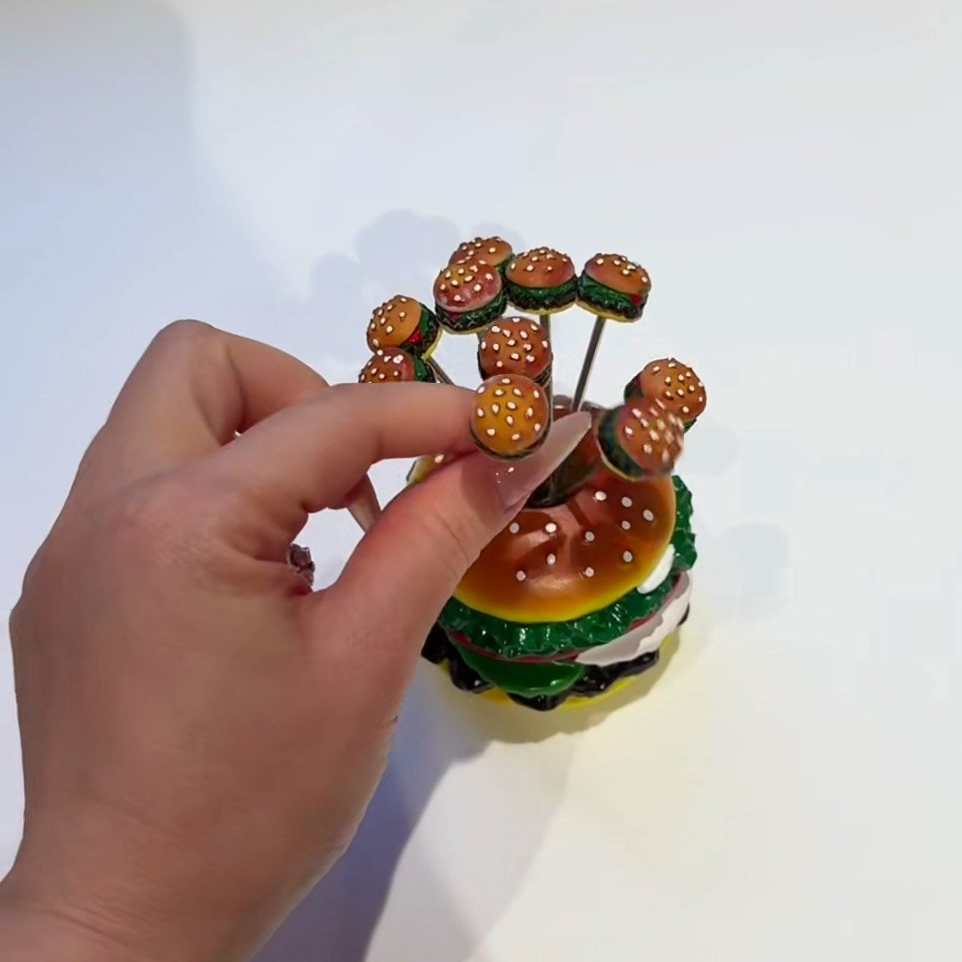 Novelty Mini Burger Fruit Fork Set, Stainless Steel Cocktail Picks with Resin Burger Top, Hamburger Shaped Base Storage Holder for