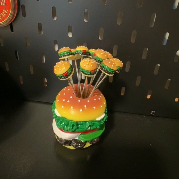 Novelty Mini Burger Fruit Fork Set, Stainless Steel Cocktail Picks with Resin Burger Top, Hamburger Shaped Base Storage Holder for