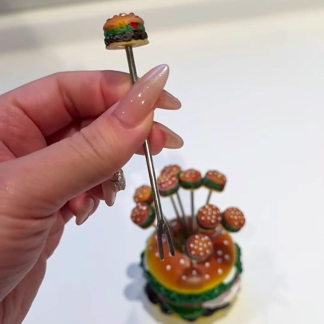 Novelty Mini Burger Fruit Fork Set, Stainless Steel Cocktail Picks with Resin Burger Top, Hamburger Shaped Base Storage Holder for