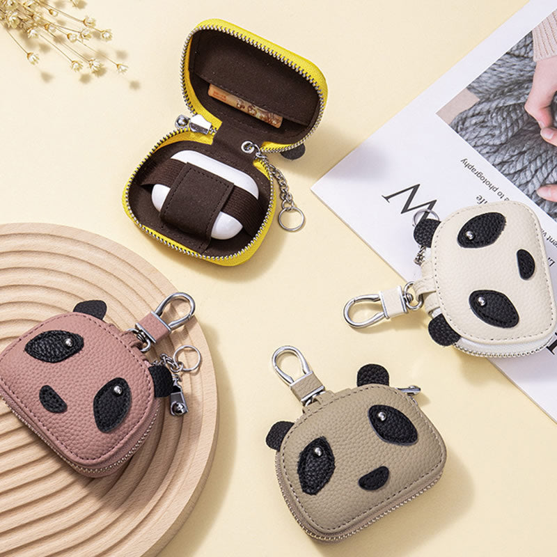 Panda Mini Leather Pouch with Keychain ,Earbud & Key Organizer