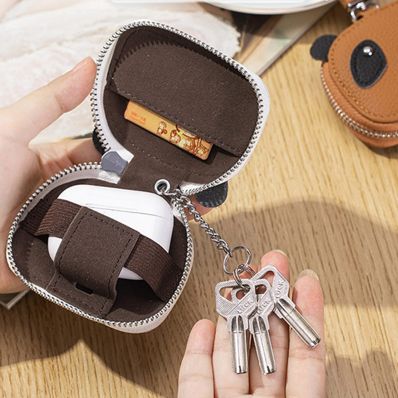 Panda Mini Leather Pouch with Keychain ,Earbud & Key Organizer