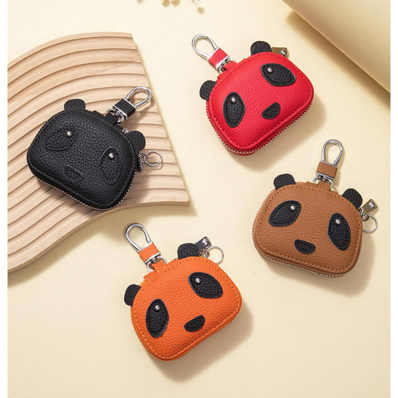 Panda Mini Leather Pouch with Keychain ,Earbud & Key Organizer