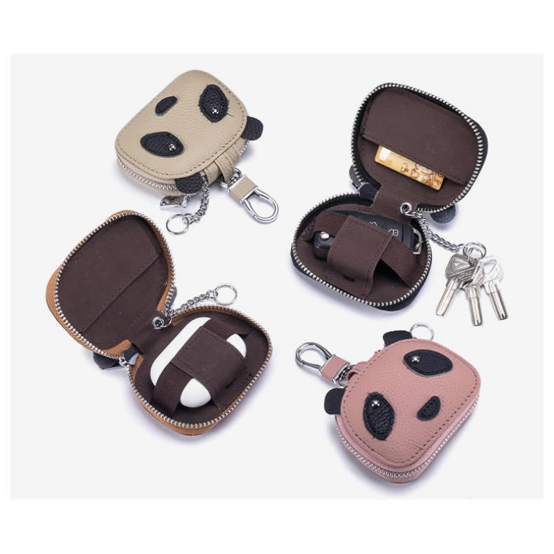 Panda Mini Leather Pouch with Keychain ,Earbud & Key Organizer