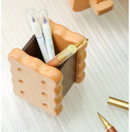 Whimsical Wooden Biscuit Pen & Pencil Holder - Natural Wood Desk Organizer