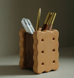 Whimsical Wooden Biscuit Pen & Pencil Holder - Natural Wood Desk Organizer