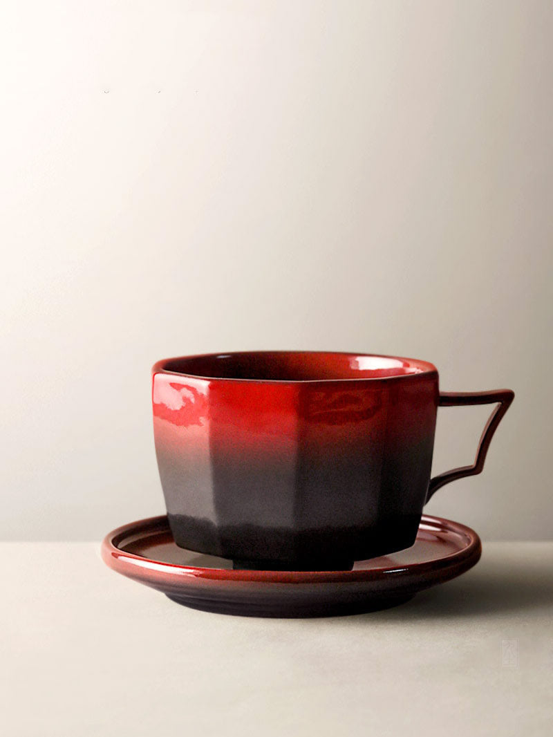 Artisan Ceramic Cup and Saucer Set, Geometric - Shaped Tea/Coffee Cups with Saucers