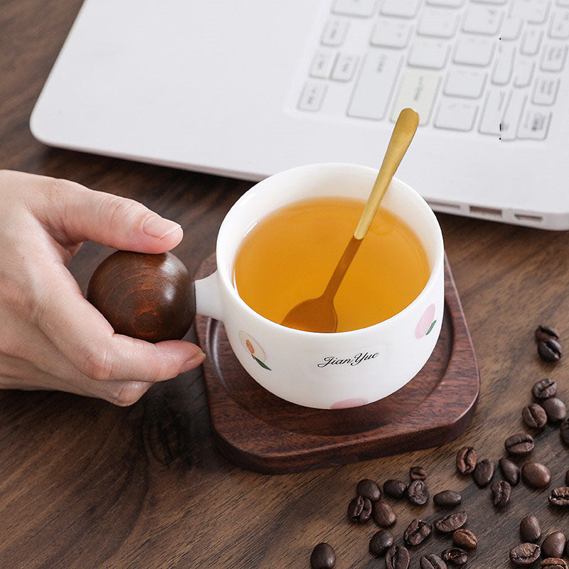 Cute Peach - Printed Ceramic Mug with Wooden Ball Handle, Includes Coaster and Spoon