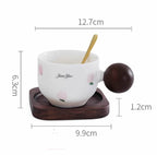 Cute Peach - Printed Ceramic Mug with Wooden Ball Handle, Includes Coaster and Spoon