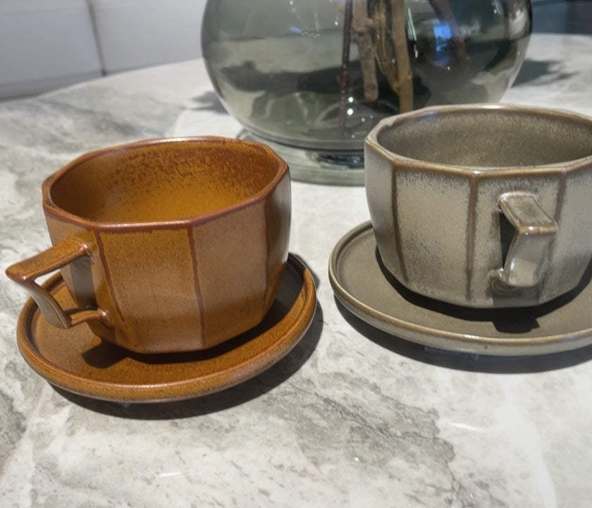 Artisan Ceramic Cup and Saucer Set, Geometric - Shaped Tea/Coffee Cups with Saucers