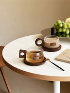 Ribbed Glass Coffee Mug with Wooden Handle and Coaster Set, Stylish Drinkware for Home