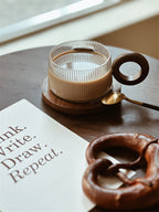 Ribbed Glass Coffee Mug with Wooden Handle and Coaster Set, Stylish Drinkware for Home