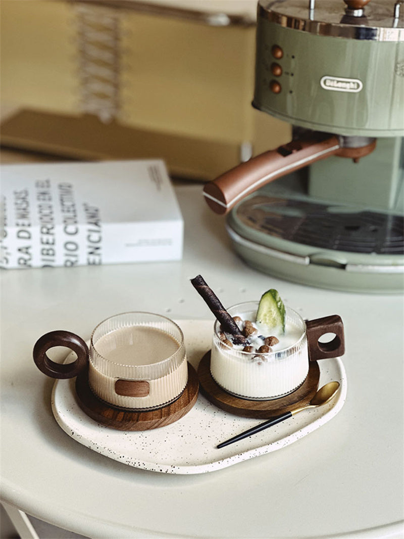 Ribbed Glass Coffee Mug with Wooden Handle and Coaster Set, Stylish Drinkware for Home
