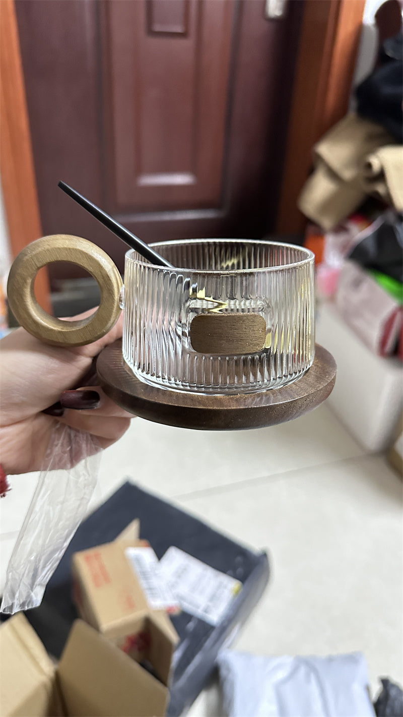 Ribbed Glass Coffee Mug with Wooden Handle and Coaster Set, Stylish Drinkware for Home