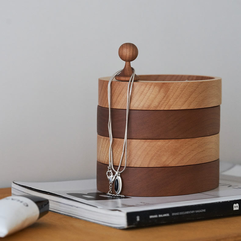 Rotating Tiered Wooden Jewelry Box&Organizer Tray - Minimalist Solid Wood Ring & Earring Holder Case for Vanity & Dresser Decor