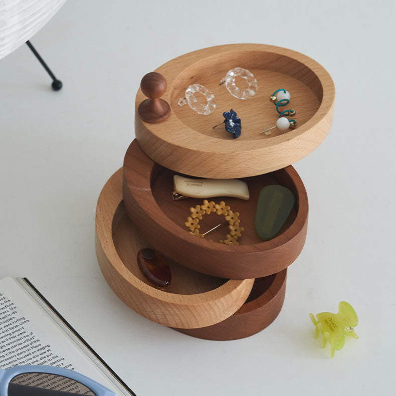 Rotating Tiered Wooden Jewelry Box&Organizer Tray - Minimalist Solid Wood Ring & Earring Holder Case for Vanity & Dresser Decor