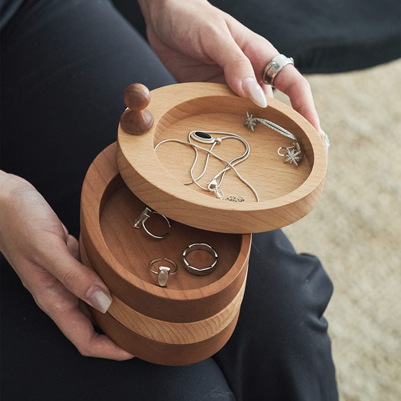 Rotating Tiered Wooden Jewelry Box&Organizer Tray - Minimalist Solid Wood Ring & Earring Holder Case for Vanity & Dresser Decor