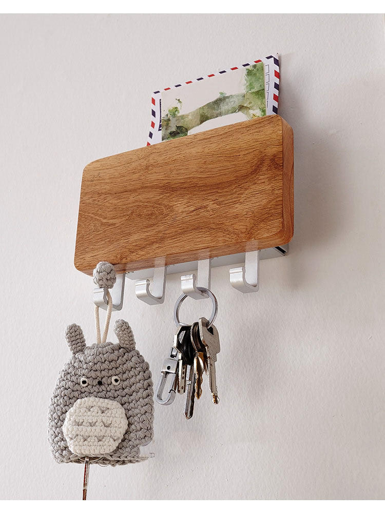 Oak and Metal Wall - Mounted Key Holder with Storage Shelf, Decorative Organizer