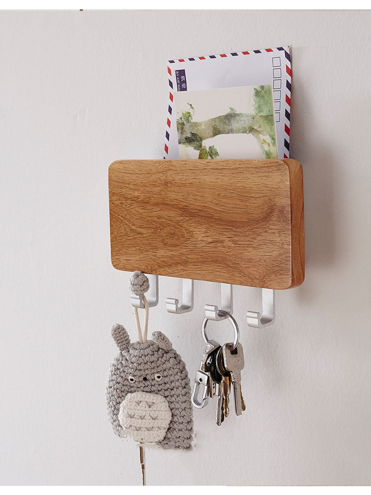 Oak and Metal Wall - Mounted Key Holder with Storage Shelf, Decorative Organizer
